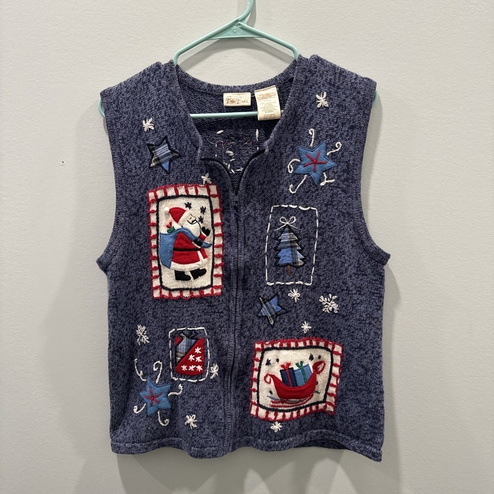 Bobbie Brooks Christmas Holiday Sweater Vest Size Large Snowman &‎ Sleigh